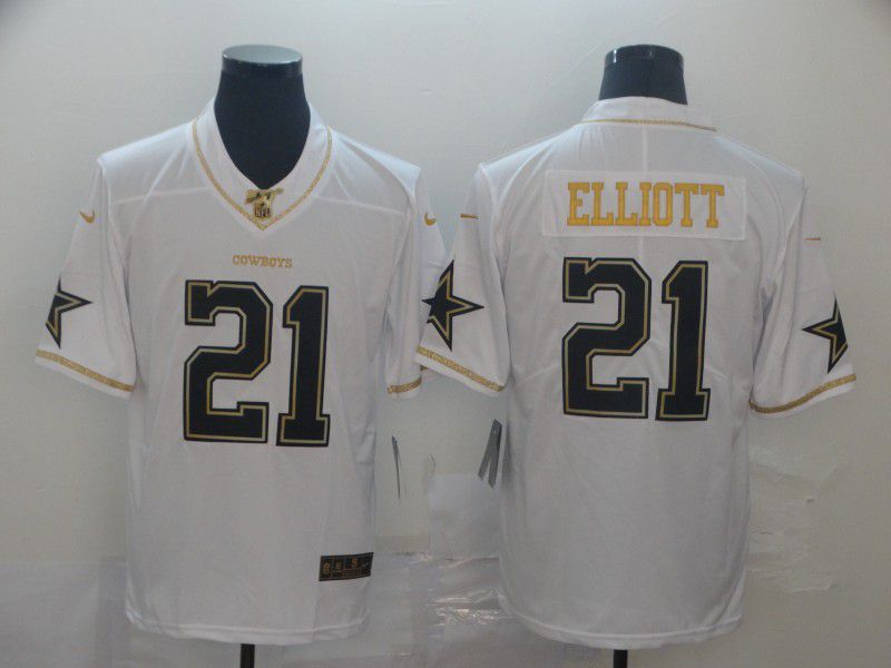 Men Dallas cowboys 21 Elliott White Retro gold character Nike NFL Jerseys